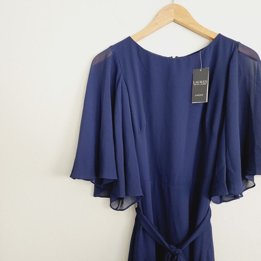 Lauren Ralph Lauren NWT Deep Navy Blue Flutter Sleeve Belted Crepe Mini Dress 2 - Picture 9 of 15